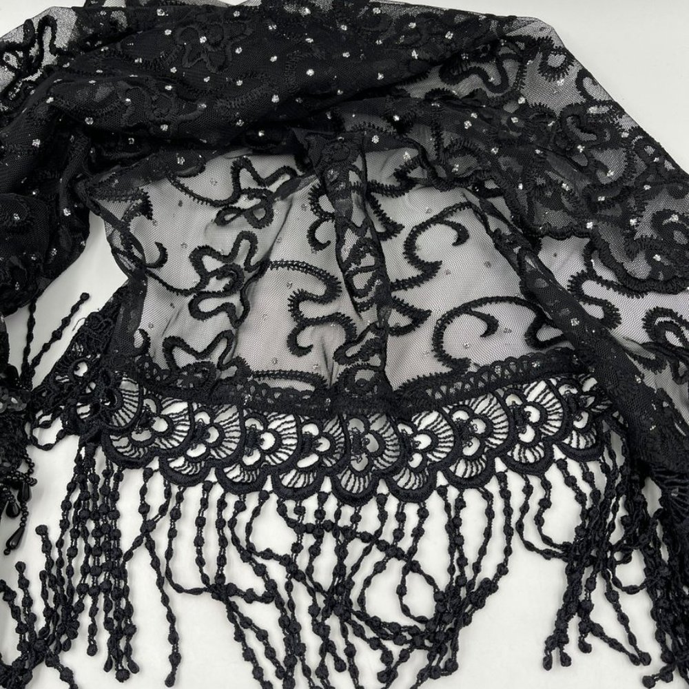 Victorian Vintage High Neck Capelet Black Womens M / L Sheer Beaded Fringed Cape - Picture 14 of 15